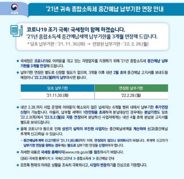 소규모 자영업자 등 136만 명의 종합소득세 납부기한 3개월 직권연장