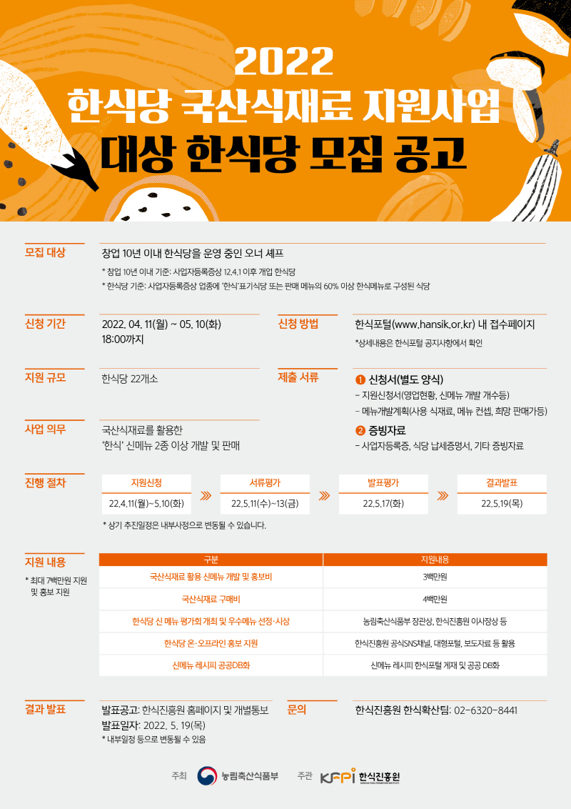 2022년 국산 식재료를 활용한 신메뉴 한식 개발 및 판매 지원