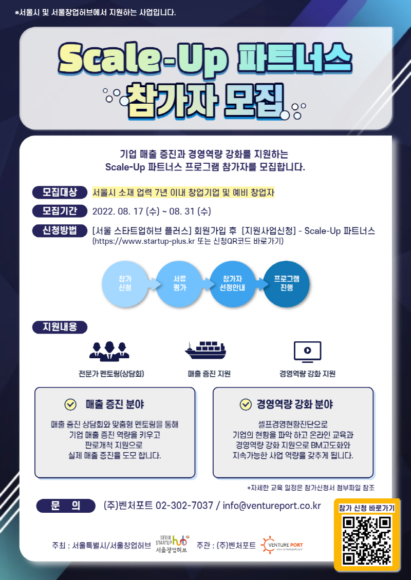 서울창업허브-액셀러레이터 벤처포트, Scale-Up 파트너스 프로그램 개최