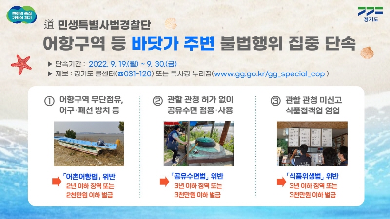 9월 19일부터 30일까지 도내 어항구역 등 바닷가 주변 불법행위 집중단속