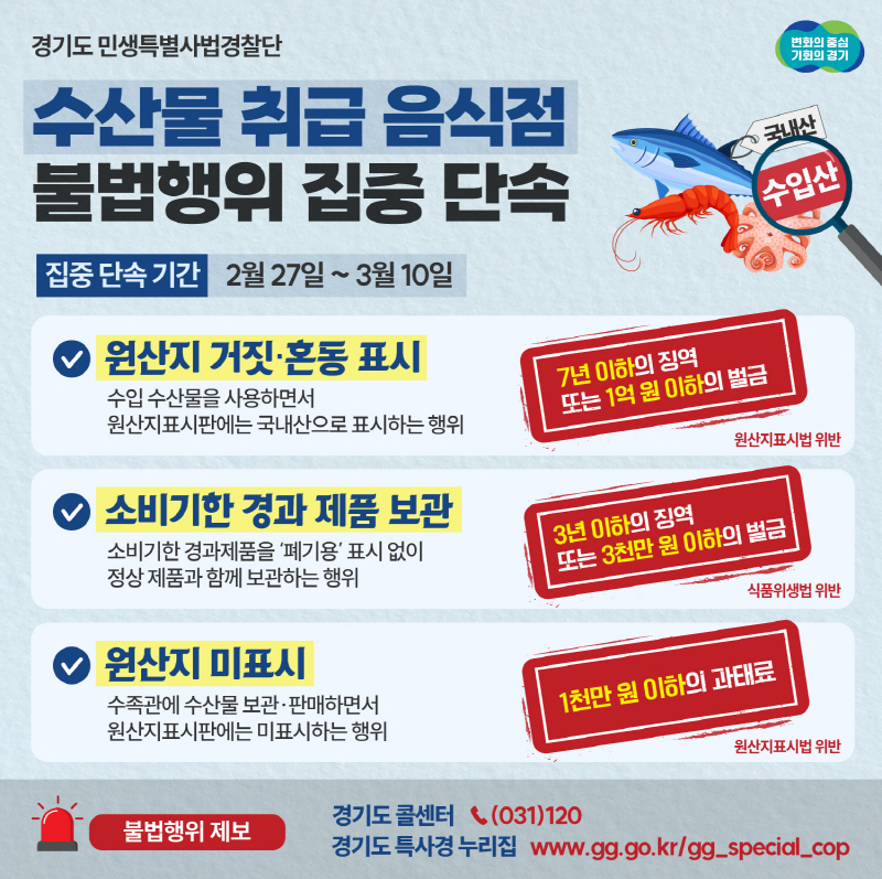 경기도 특사경, 수산물 취급 음식점 불법행위 집중 단속