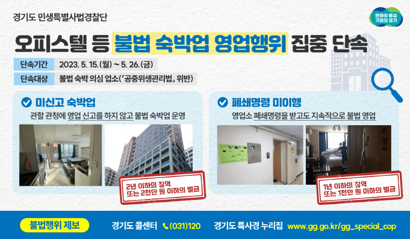 경기도 특사경, 오피스텔 등 불법 숙박업 영업행위 집중 단속