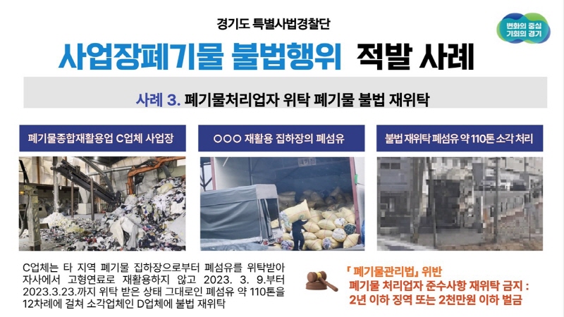 부당이득 노리고 폐기물 421톤 매립·보관… 경기도 특사경, 폐기물 불법행위 118건 적발