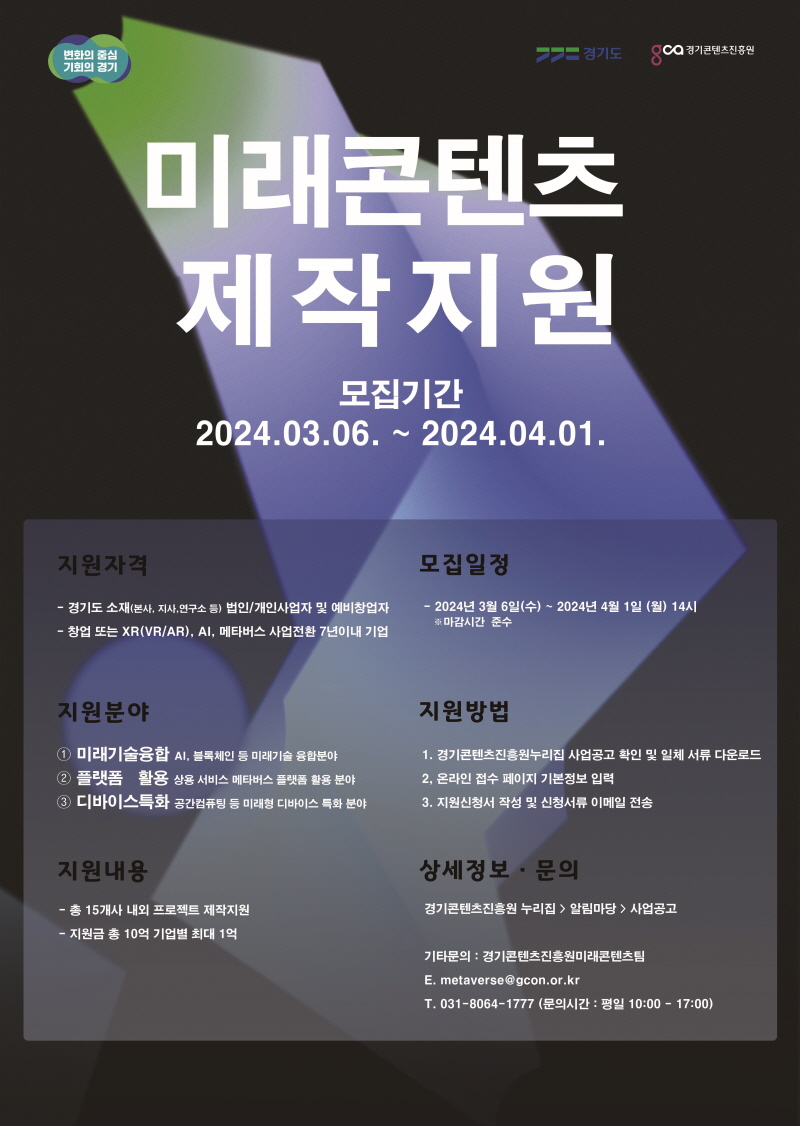 경기도, 미래콘텐츠 제작지원 참여 기업 모집. 기업 당 최대 1억 원까지 지원