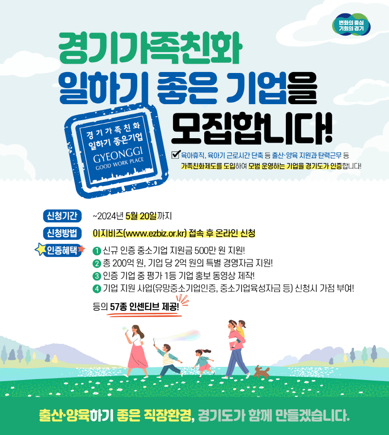 경기도, 경기가족친화 일하기 좋은 기업 모집. 특별경영자금 지원, 우수기업 홍보 등 57종 인센티브 제공