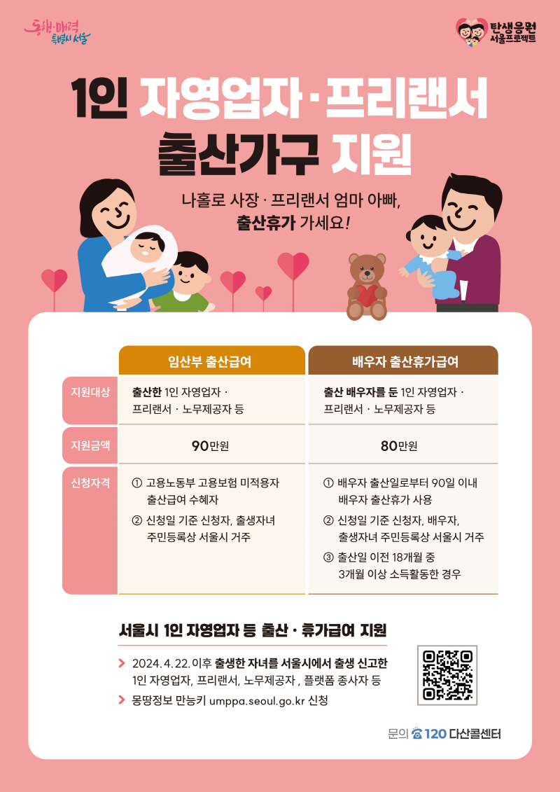 서울시, 전국 최초 1인 자영업자‧프리랜서 출산가구 지원…11일부터 신청