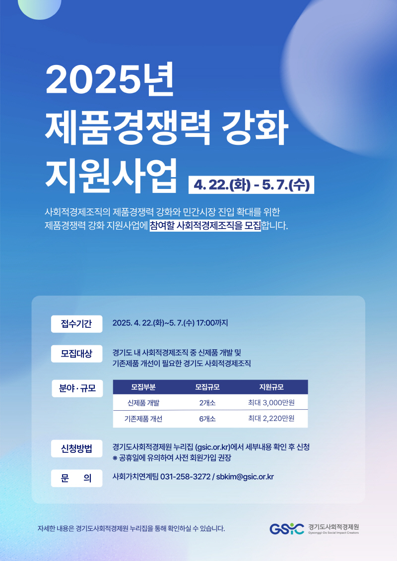 경기도·경기도사회적경제원, 제품경쟁력 강화 지원사업 참여기업 모집