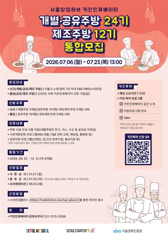 키친인큐베이터, 2026년 개별·공유주방 24기 및 제조주방 12기 통합모집